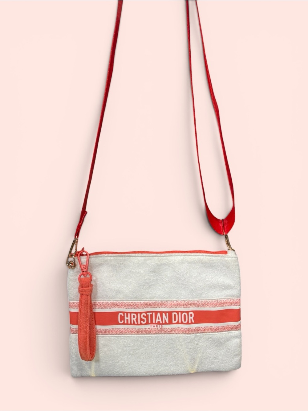 Dior White and Coral Crossbody Pouch with Tassel